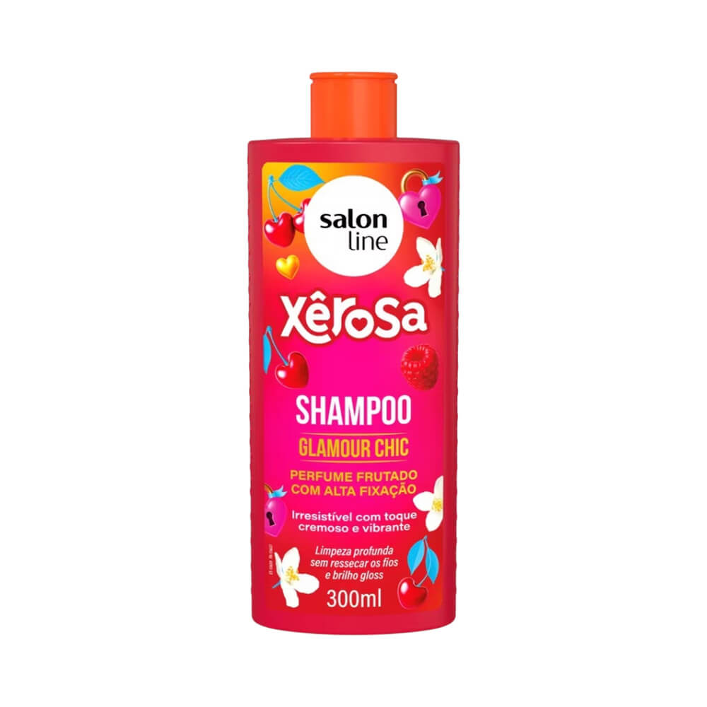 Frasco do shampoo Salon Line Xerosa Glamour Chic vermelho com tampa laranja e ilustrações de frutas e flores